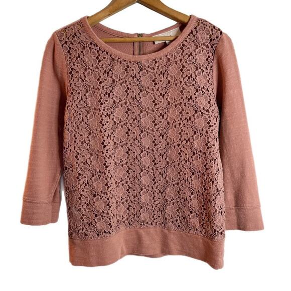 LOFT Tops - Ann Taylor Loft Women's Crochet Sweatshirt Top XS Pink 3/4 Sleeve Floral Lace